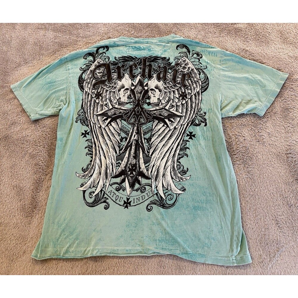 Y2K Archaic Affliction T-Shirt Mens 3XL Blue Gothic MMA Wing Cross Double Side